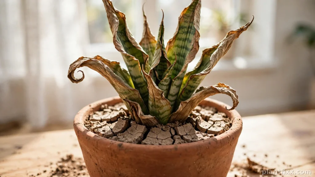 Underwatered snake plant with dry papery curled leaves and bone-dry soil