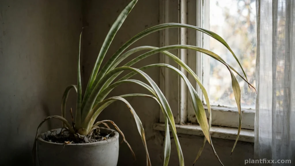 Snake plant with pale thin leaves leaning toward a window in low light