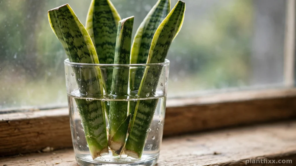 Fallen snake plant leaf cut into sections for propagation in water