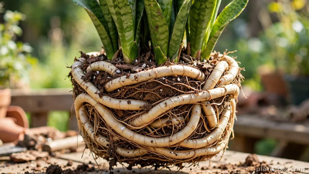 Root-bound snake plant with thick rhizomes circling the root ball