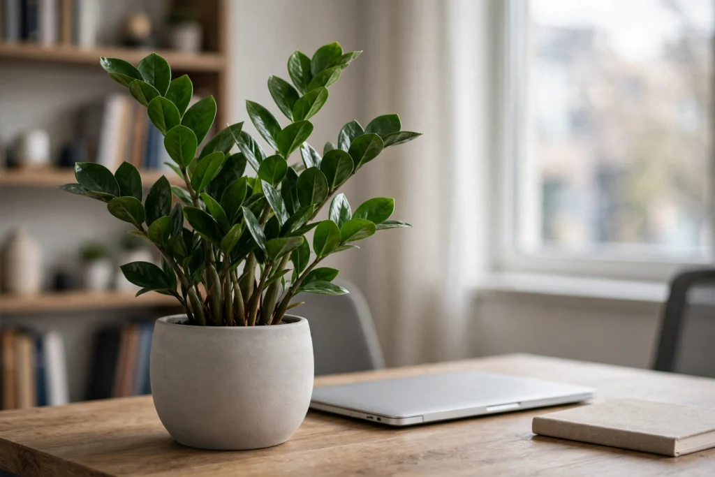 ZZ plant in ceramic pot on an office desk beside a laptop in soft daylight