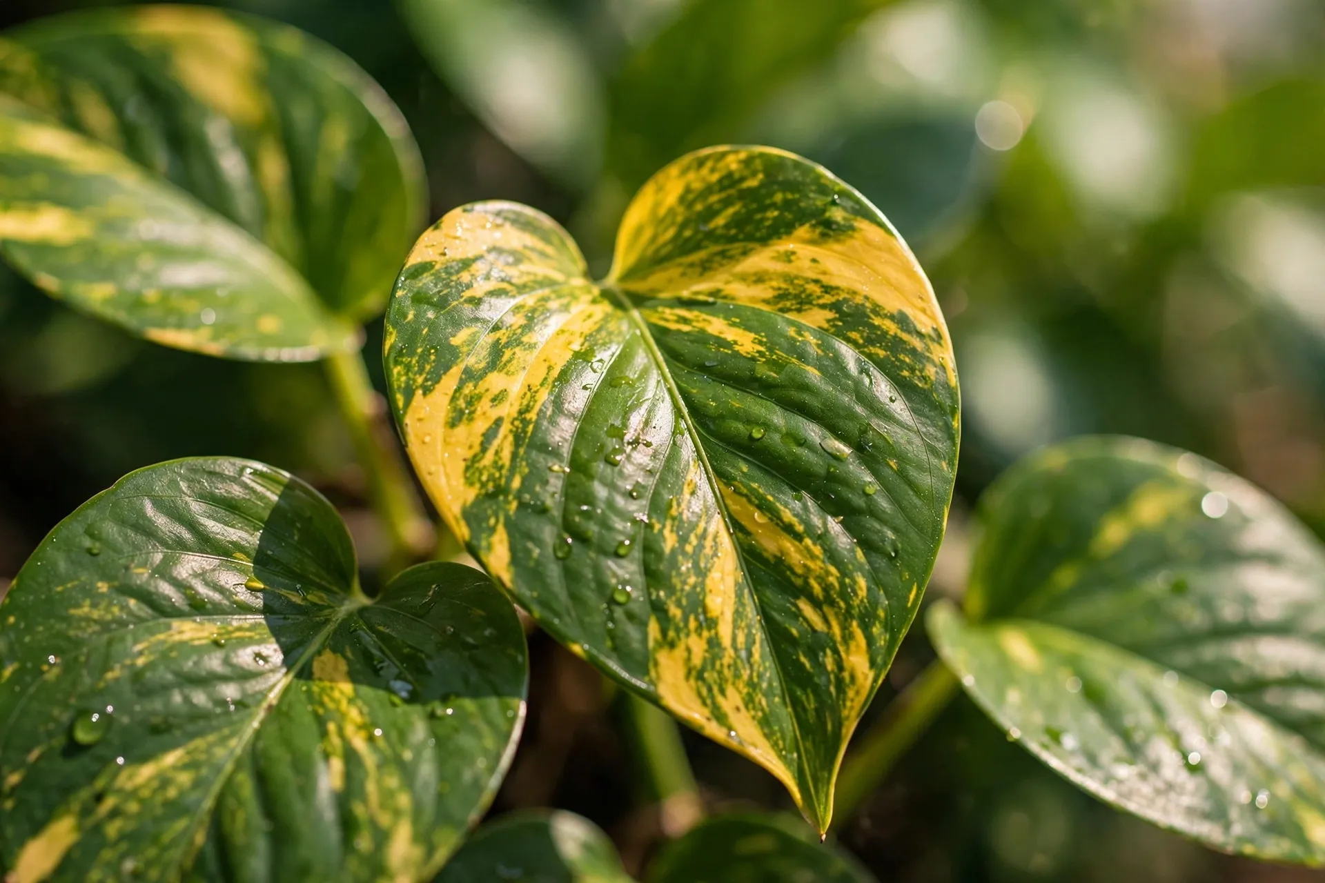 Close-up of golden pothos heart-shaped leaf with golden yellow splash variegation
