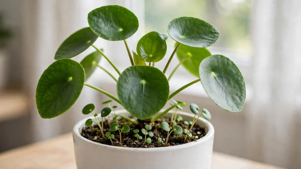 Money plant pups growing at the base of a Pilea plant