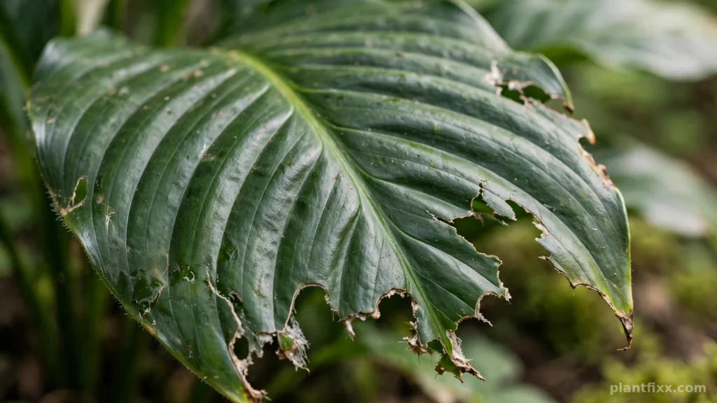 Peace lily plant leaf with cat chew marks