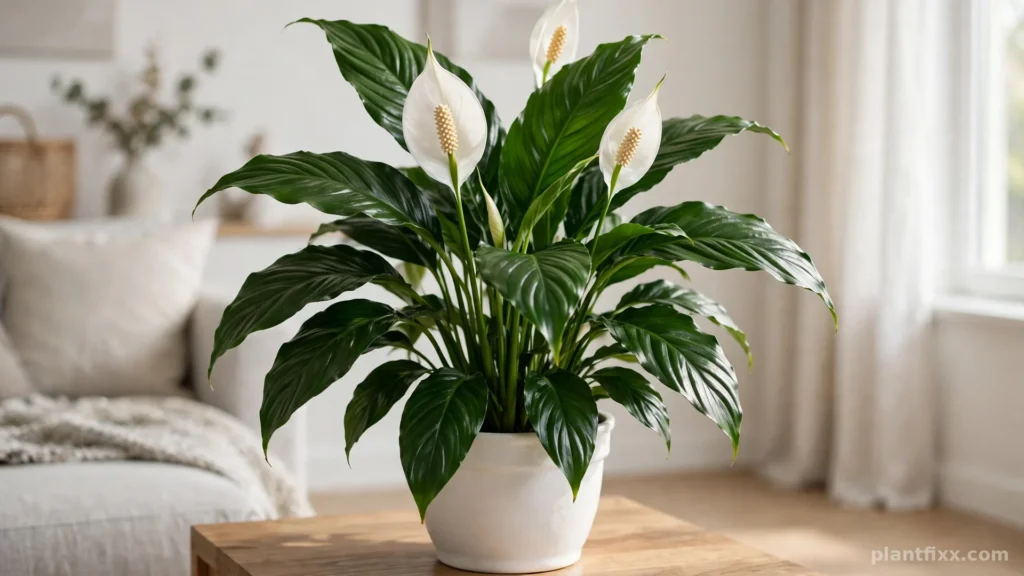 Peace lily plant with white blooms in a bright living room