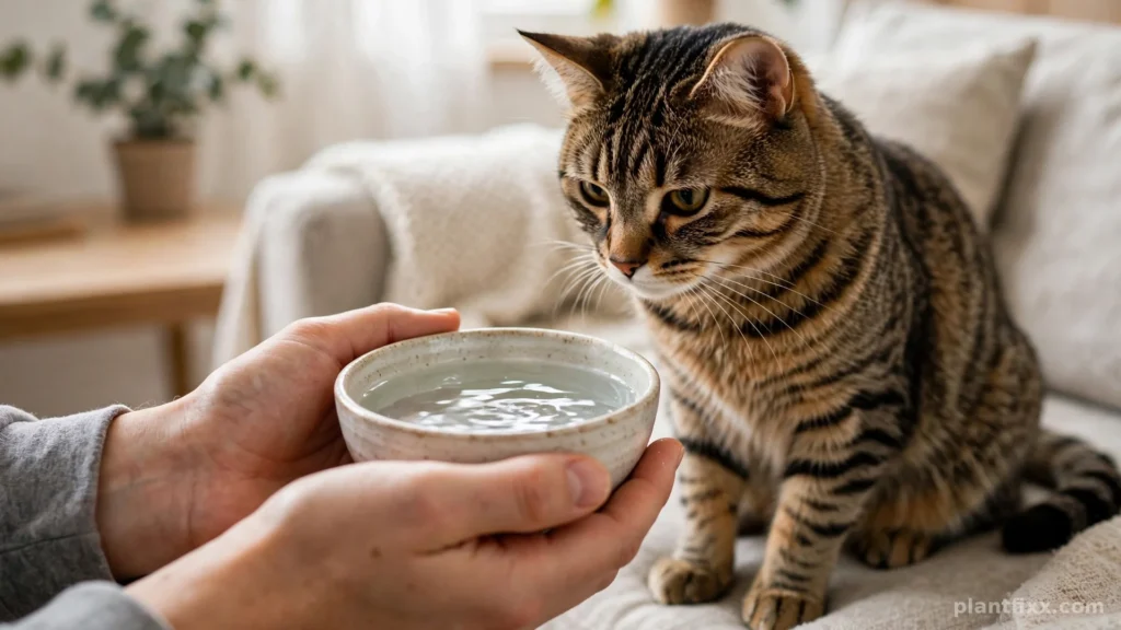 Owner offering water to a tabby cat after it chewed a peace lily plant
