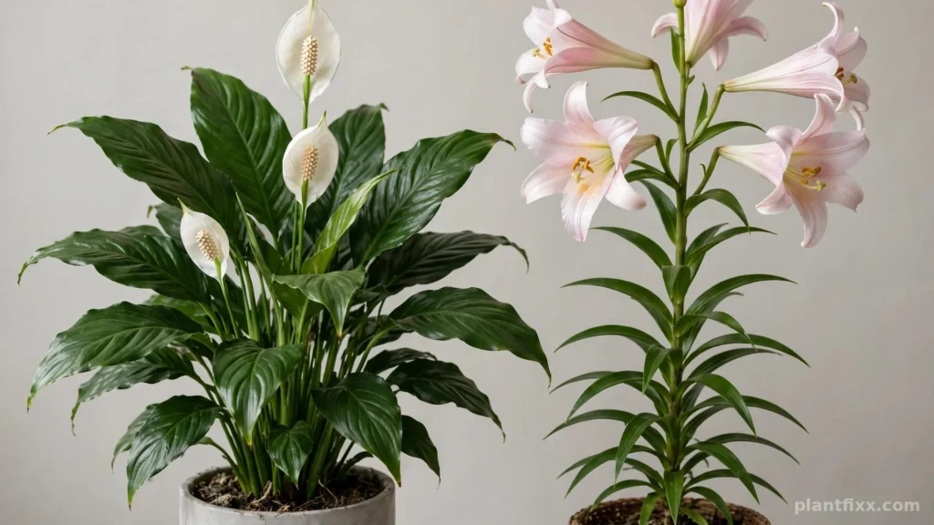 Peace lily plant next to a true lily flower for identification