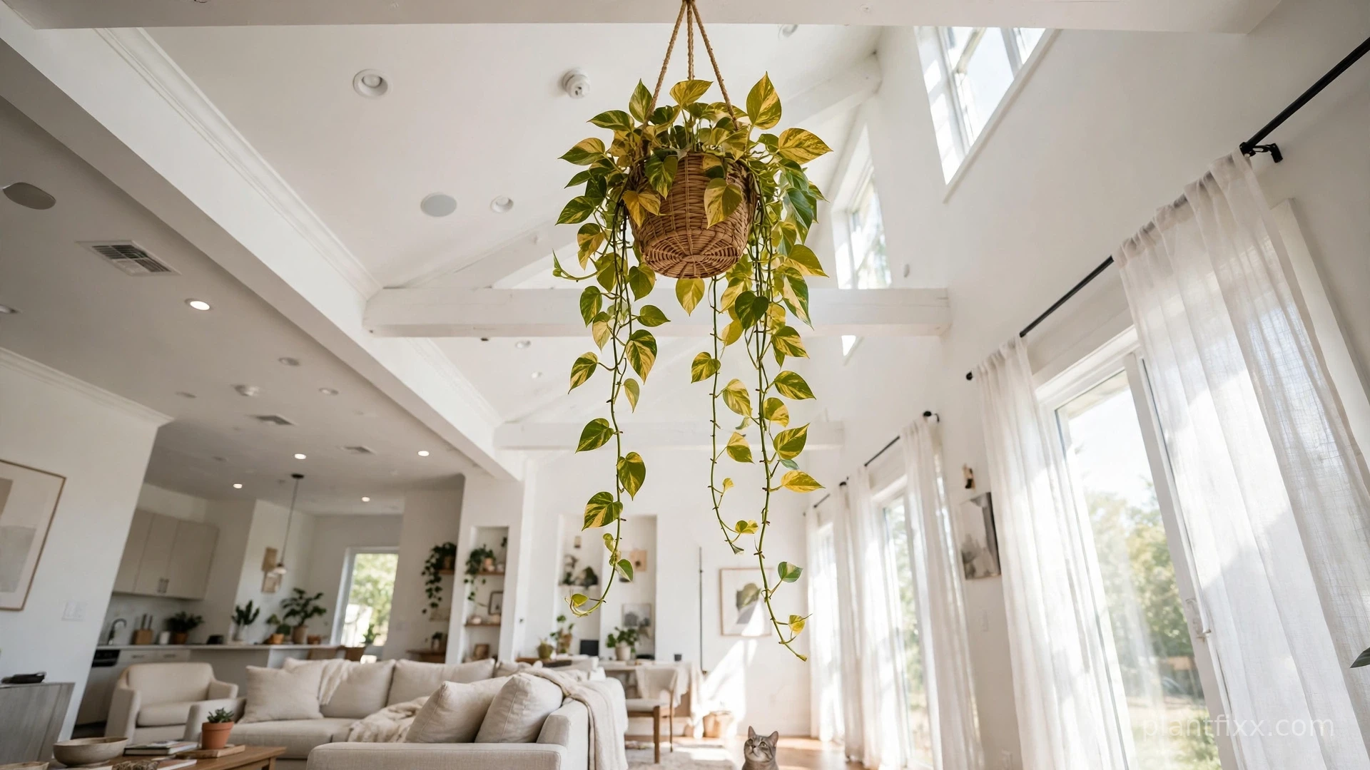 Golden pothos hanging very high near ceiling out of cat's reach, toxic hanging plant to keep away from cats