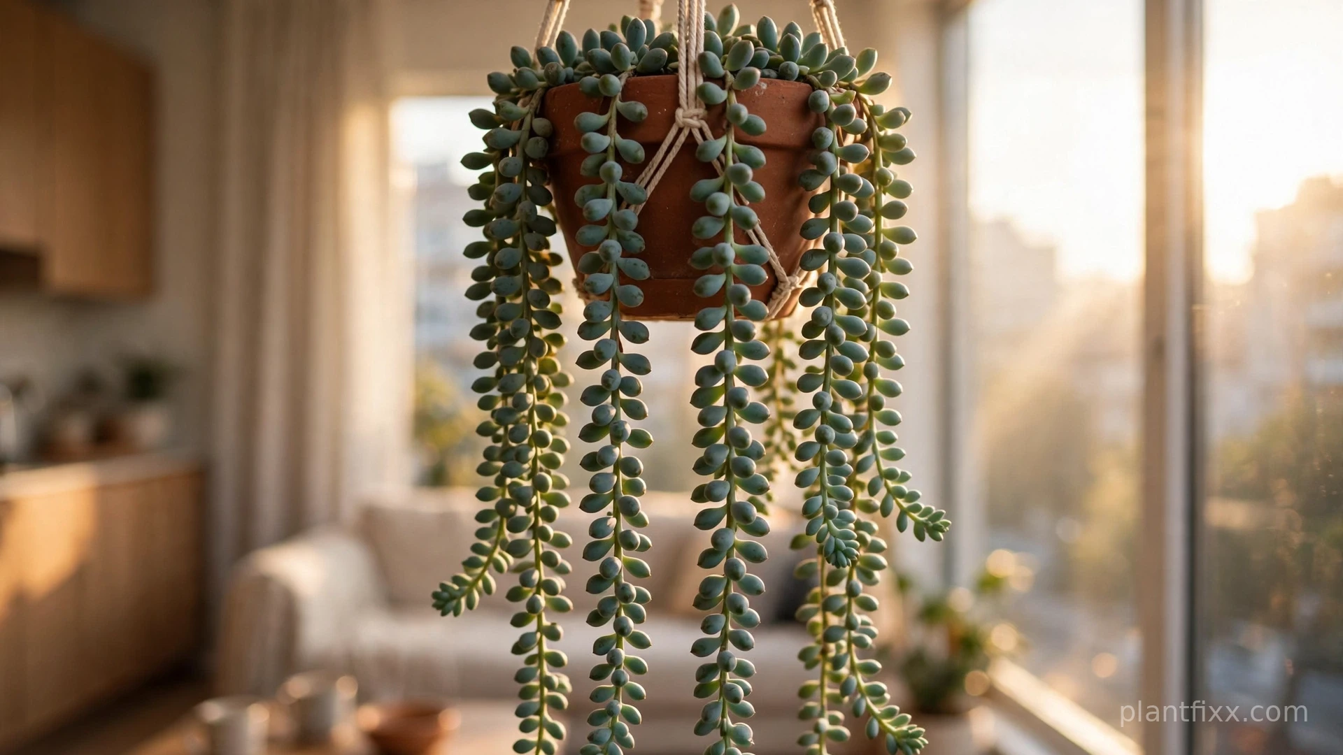 Burro's tail succulent trailing from terracotta hanging planter near bright window, non-toxic hanging plant for cat owners