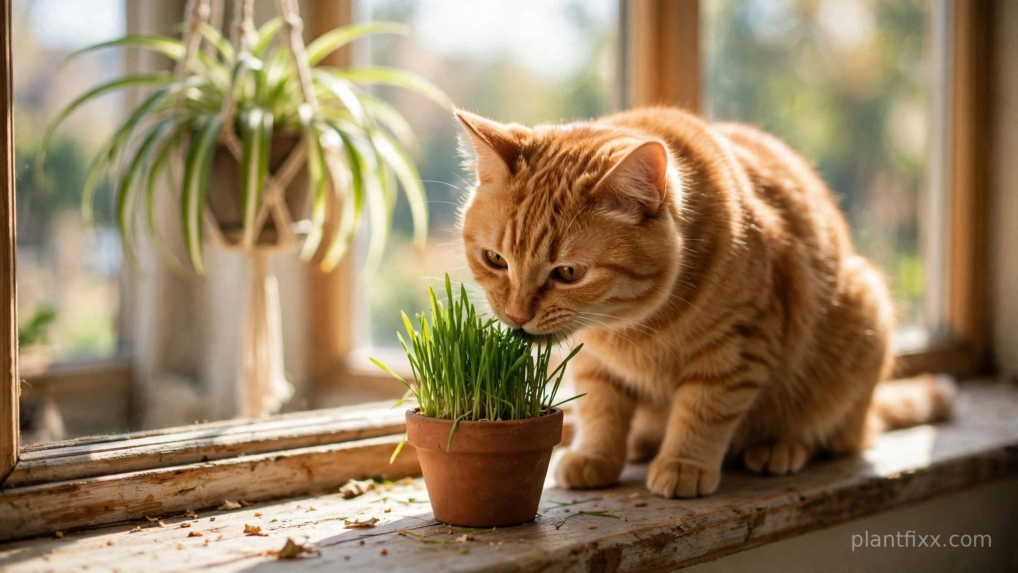 Ginger cat nibbling fresh cat grass in pot on sunny windowsill, safe chewing alternative for cats
