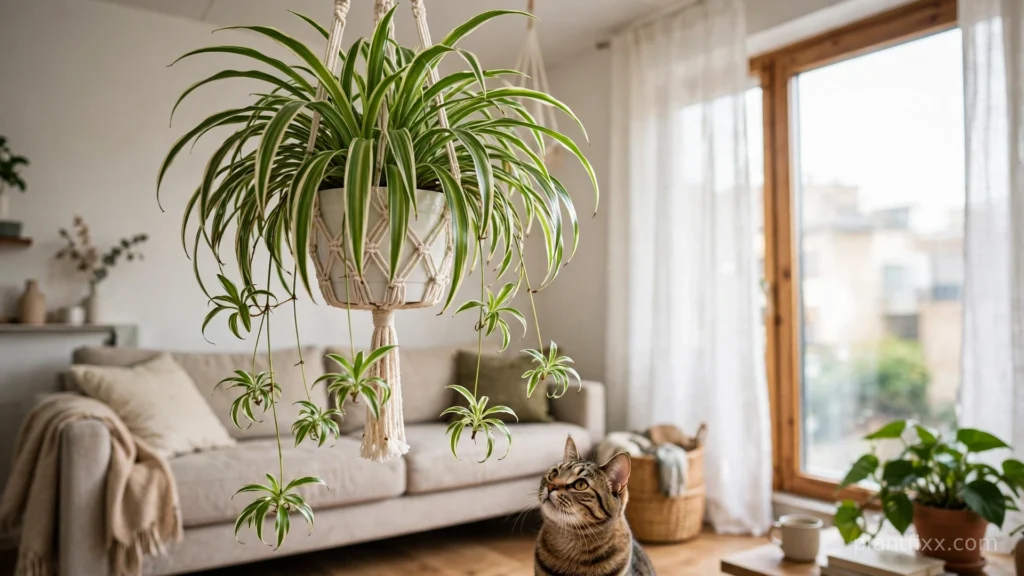 Spider plant in hanging basket with cat looking up, pet-safe hanging indoor plant for cat owners