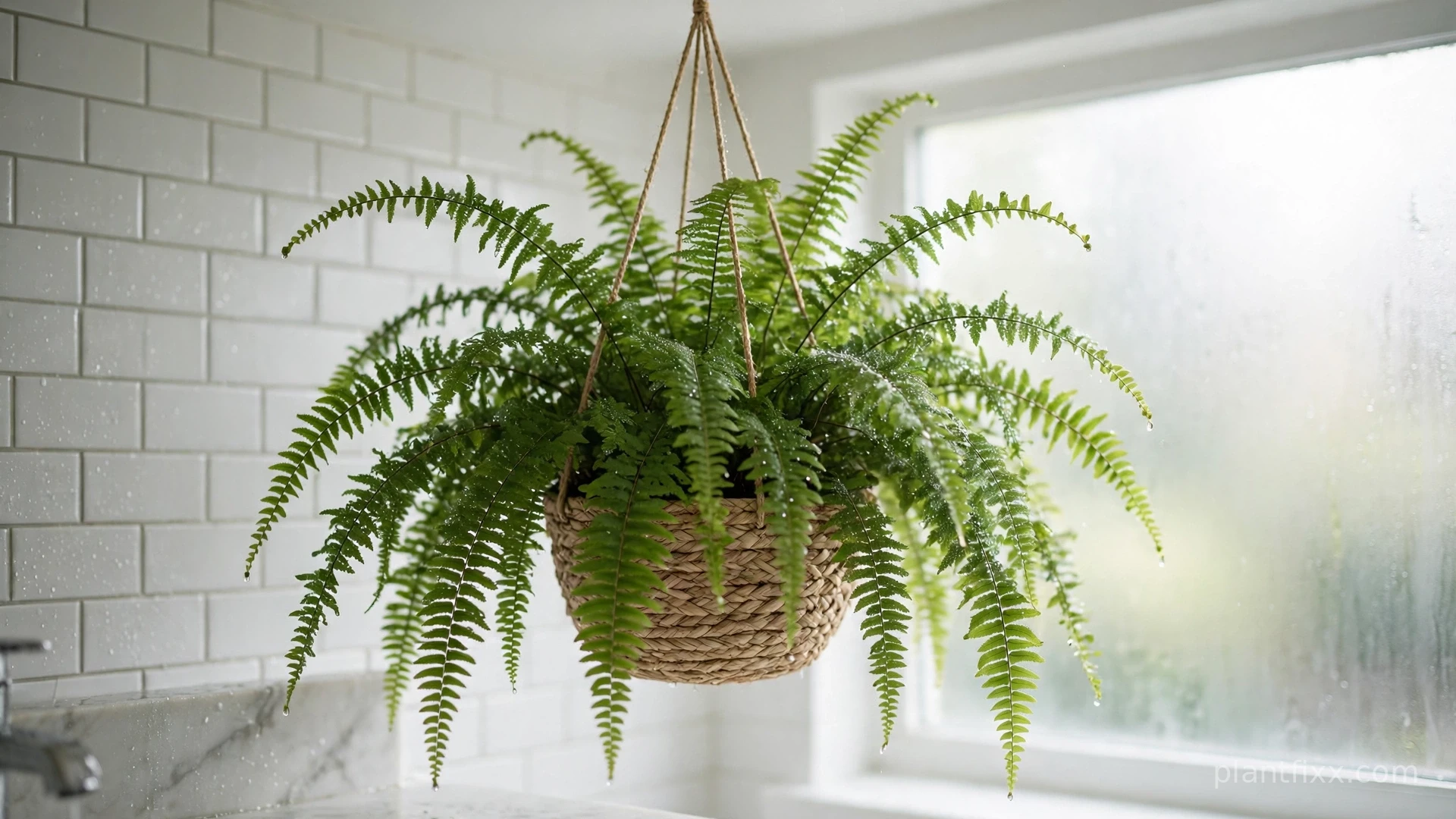 Boston fern with feathery fronds in woven hanging basket in bright bathroom, pet-safe hanging plant for cats