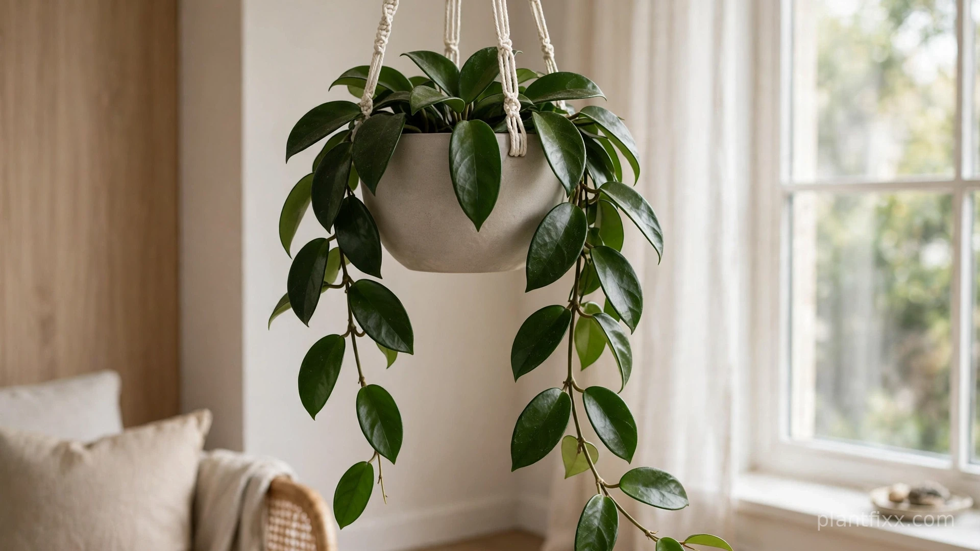 Hoya carnosa wax plant trailing from ceramic hanging planter in bright living room, cat-safe hanging plant
