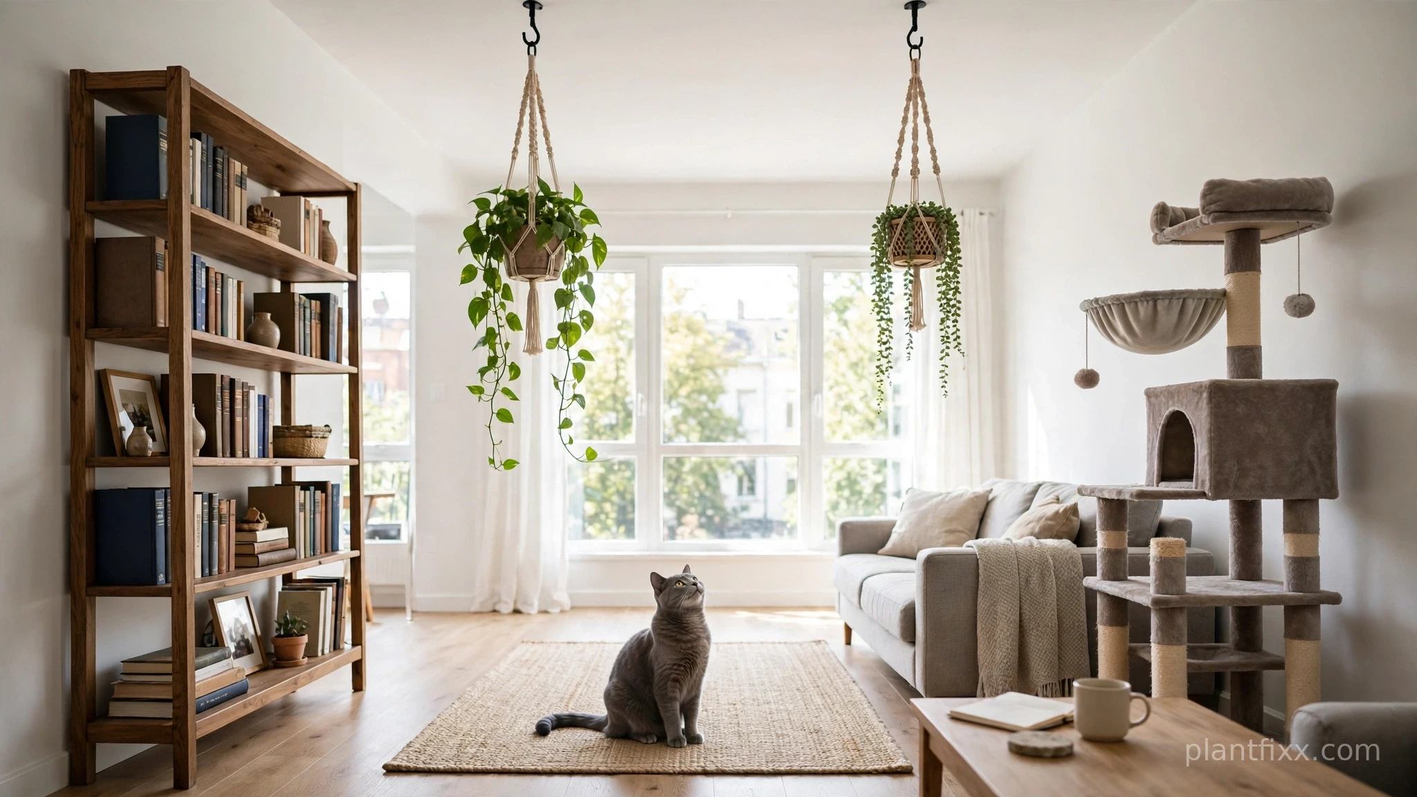 Hanging plants on ceiling hooks high above floor away from shelves, safe hanging setup in a cat home