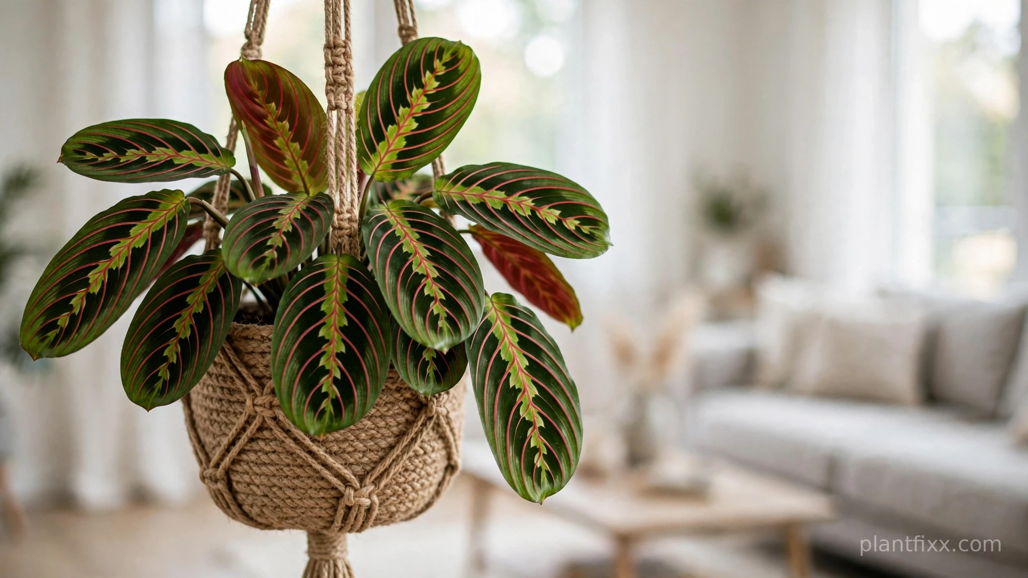 Red prayer plant with patterned leaves in woven hanging planter, pet-safe hanging plant for cats