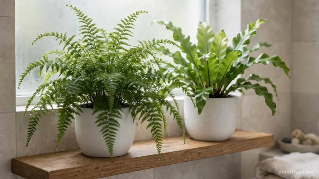 Boston fern and bird's nest fern, pet safe low light plants, on a humid bathroom shelf