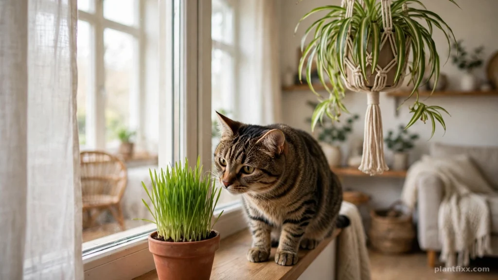 Cat grass pot beside a hanging spider plant, keeping a pet safe low light plant out of a cat's reach