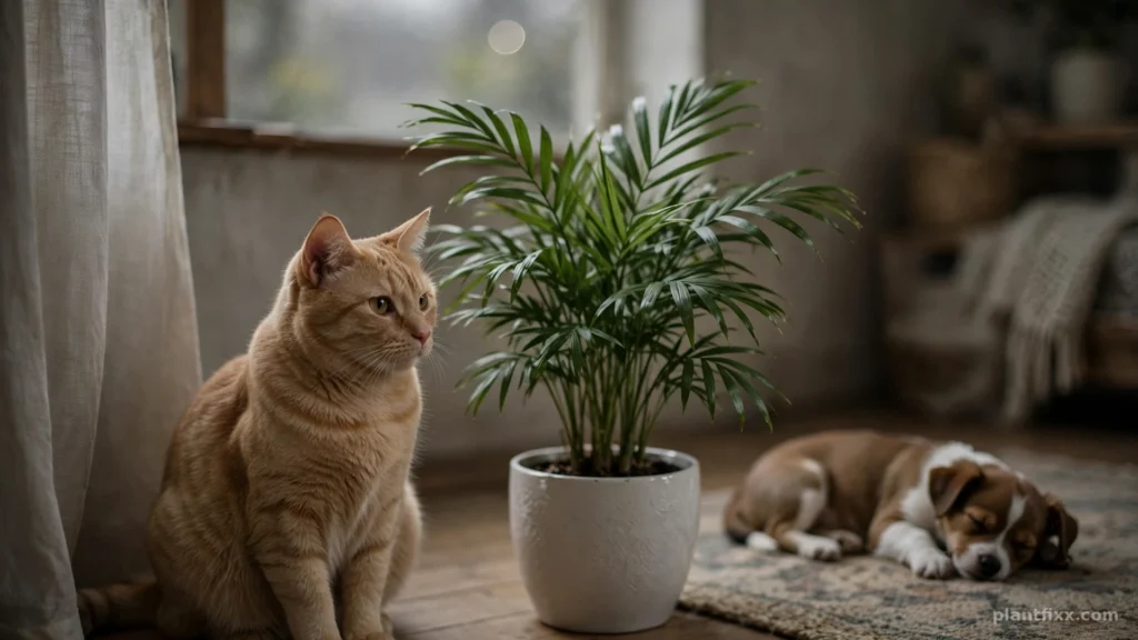 Cat and dog beside a parlor palm, a pet safe low light indoor plant, in a dim living room corner