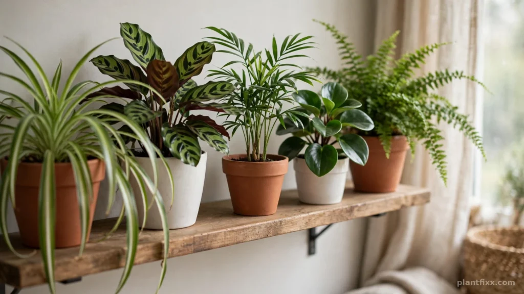 Collection of pet safe low light indoor plants on a wooden shelf, including spider plant, prayer plant, parlor palm, and peperomia