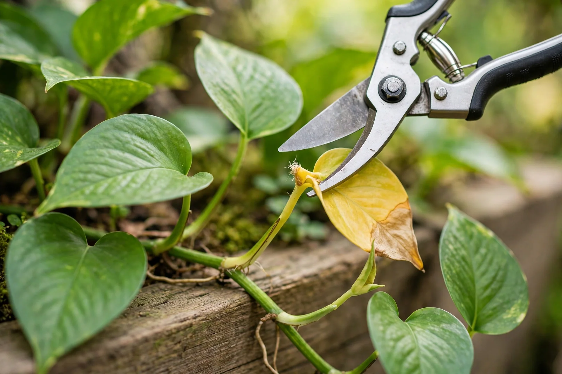 Pruning a yellow leaf from a pothos vine with clean shears
