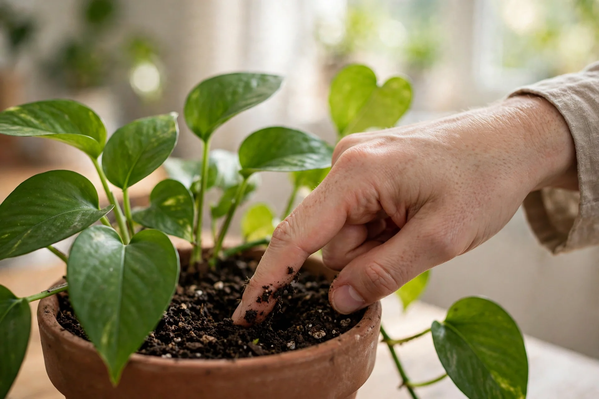 Hand checking pothos soil moisture with finger before watering