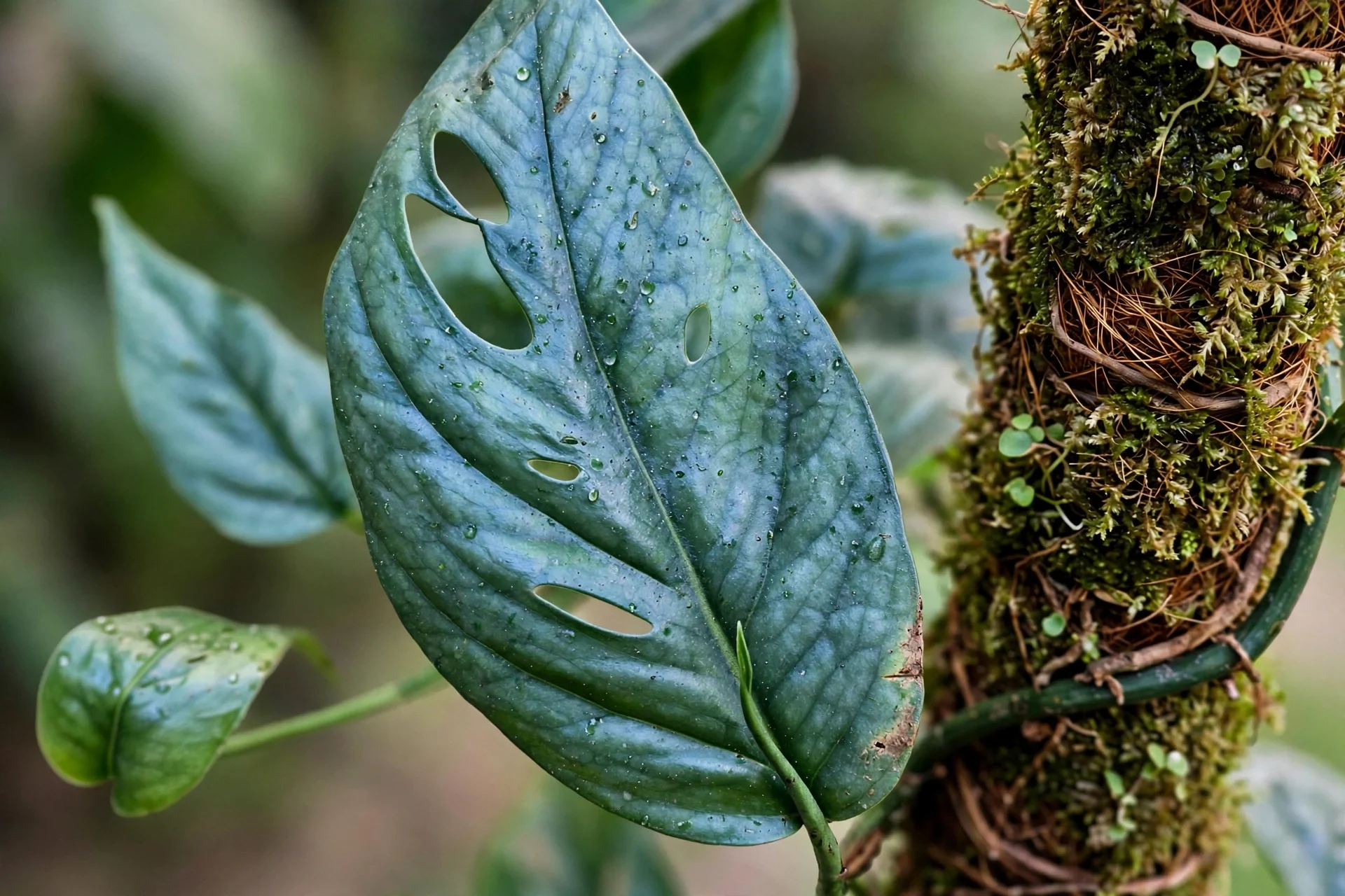 Close-up of a mature Cebu Blue pothos leaf showing its metallic blue sheen and fenestrated splits while climbing a moss pole