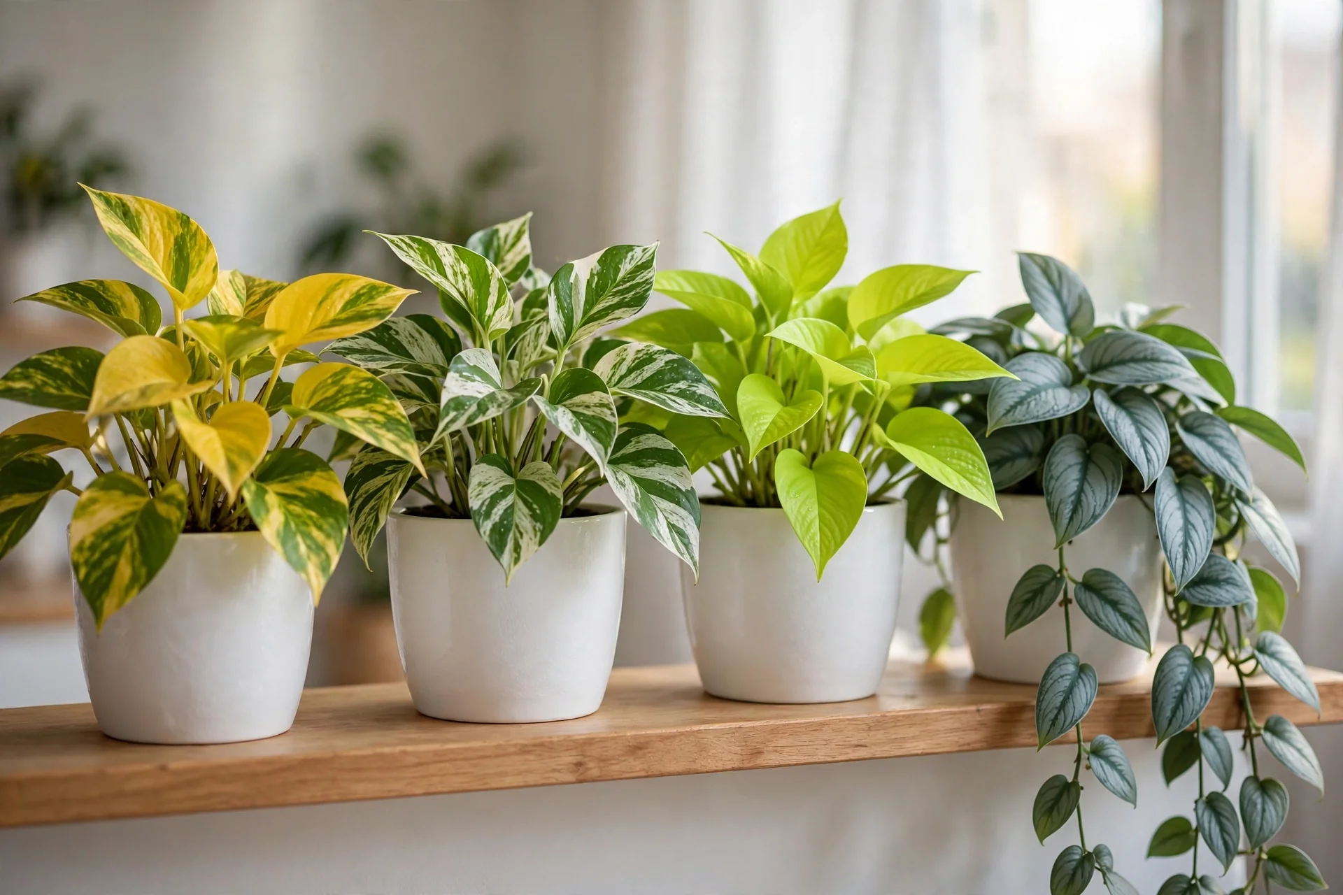 Four popular pothos varieties side by side on an apartment shelf: golden, marble queen, neon, and cebu blue pothos