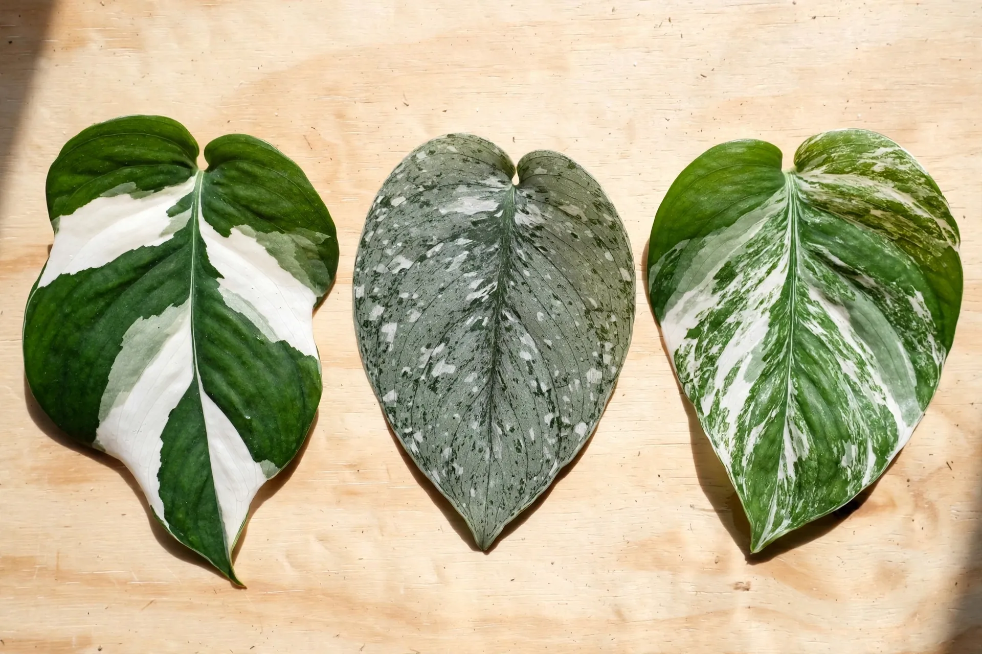 Side-by-side comparison of N'Joy, Pearls and Jade, and Marble Queen pothos leaves showing their different variegation patterns