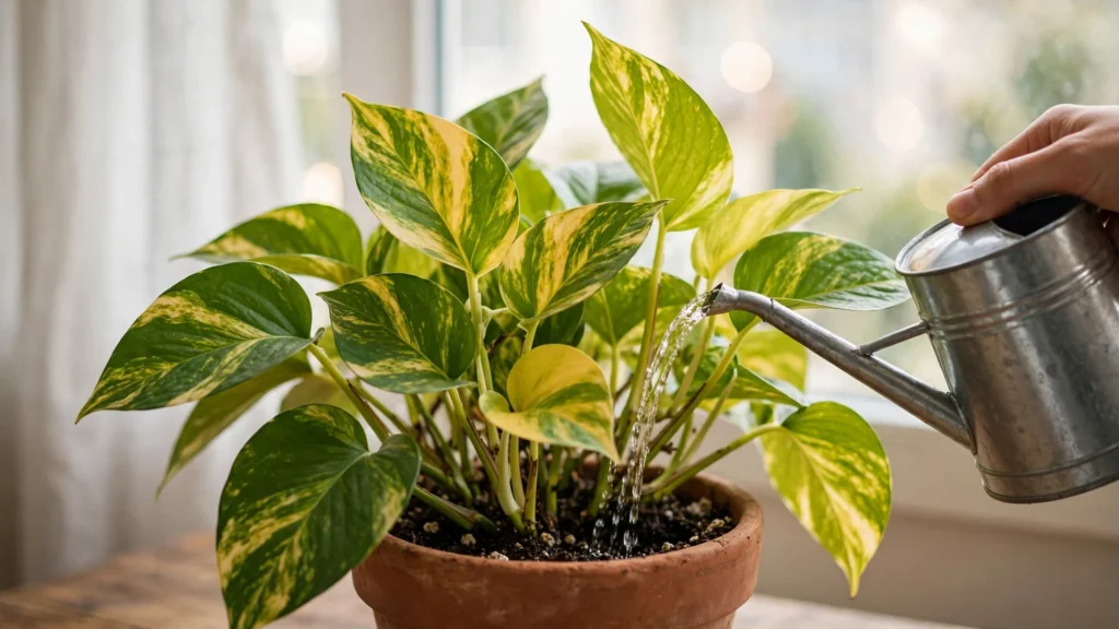 Watering a lush pothos plant in a bright indoor apartment