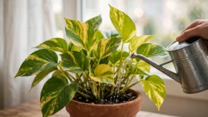 Watering a lush pothos plant in a bright indoor apartment