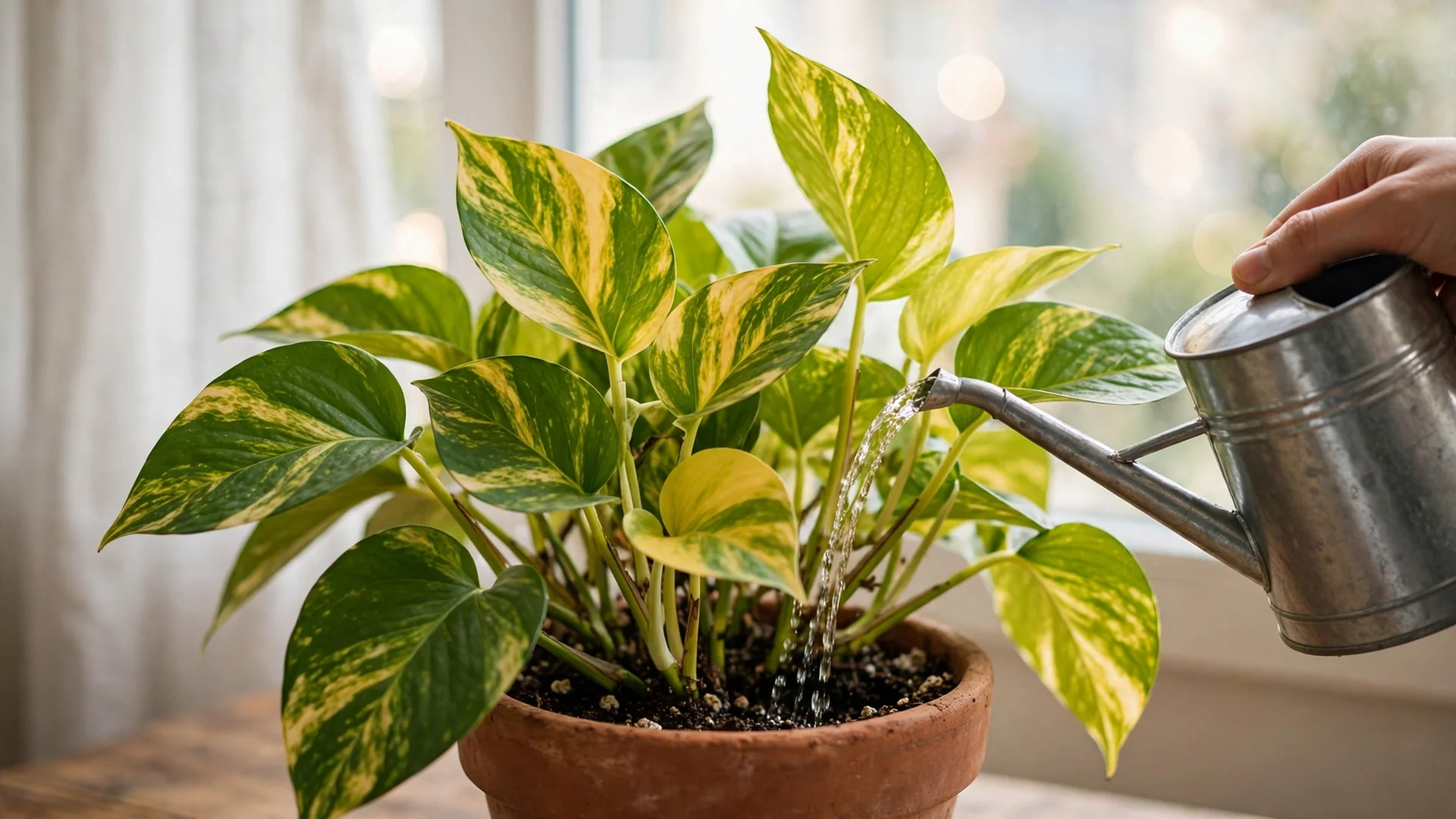 Watering a lush pothos plant in a bright indoor apartment