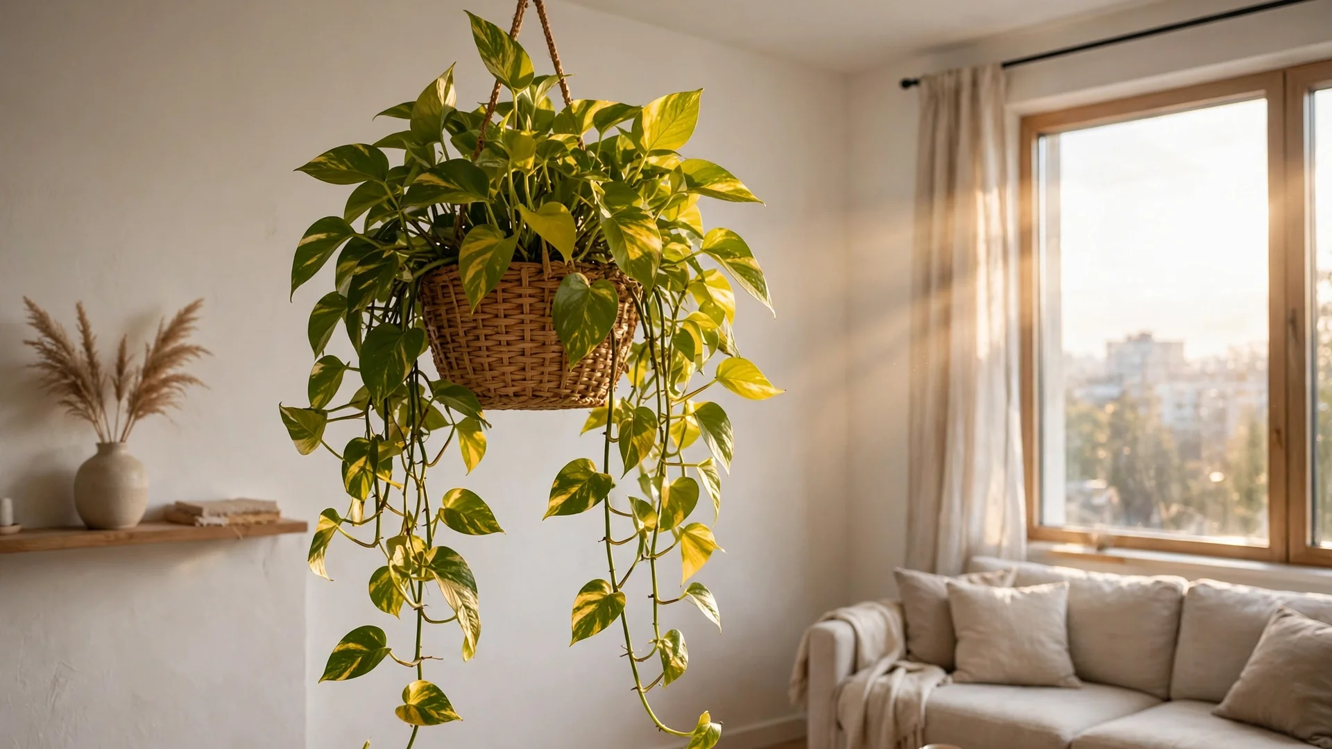 Pothos plant in a hanging basket near a bright apartment window