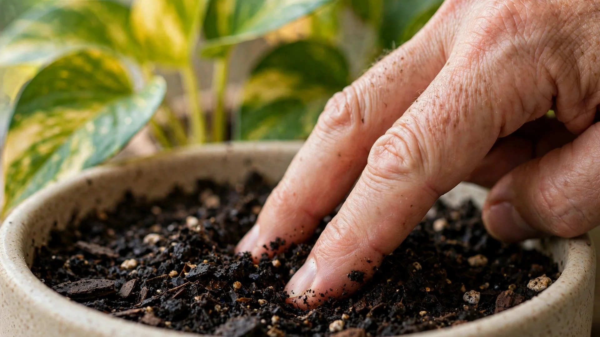 Finger testing soil moisture in a pothos plant pot