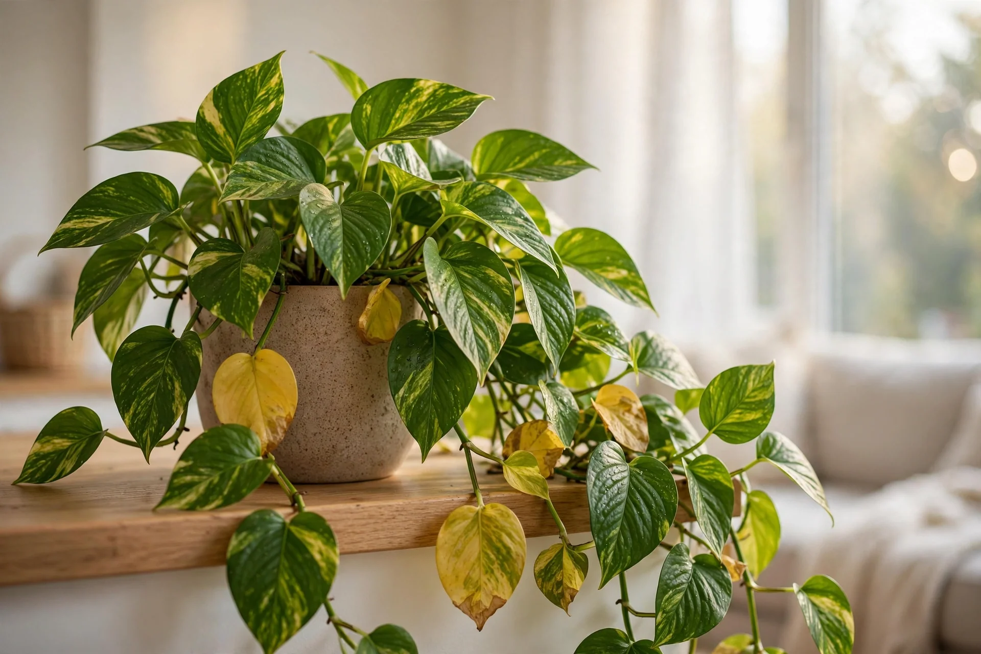 Golden pothos plant with yellow leaves among green variegated foliage