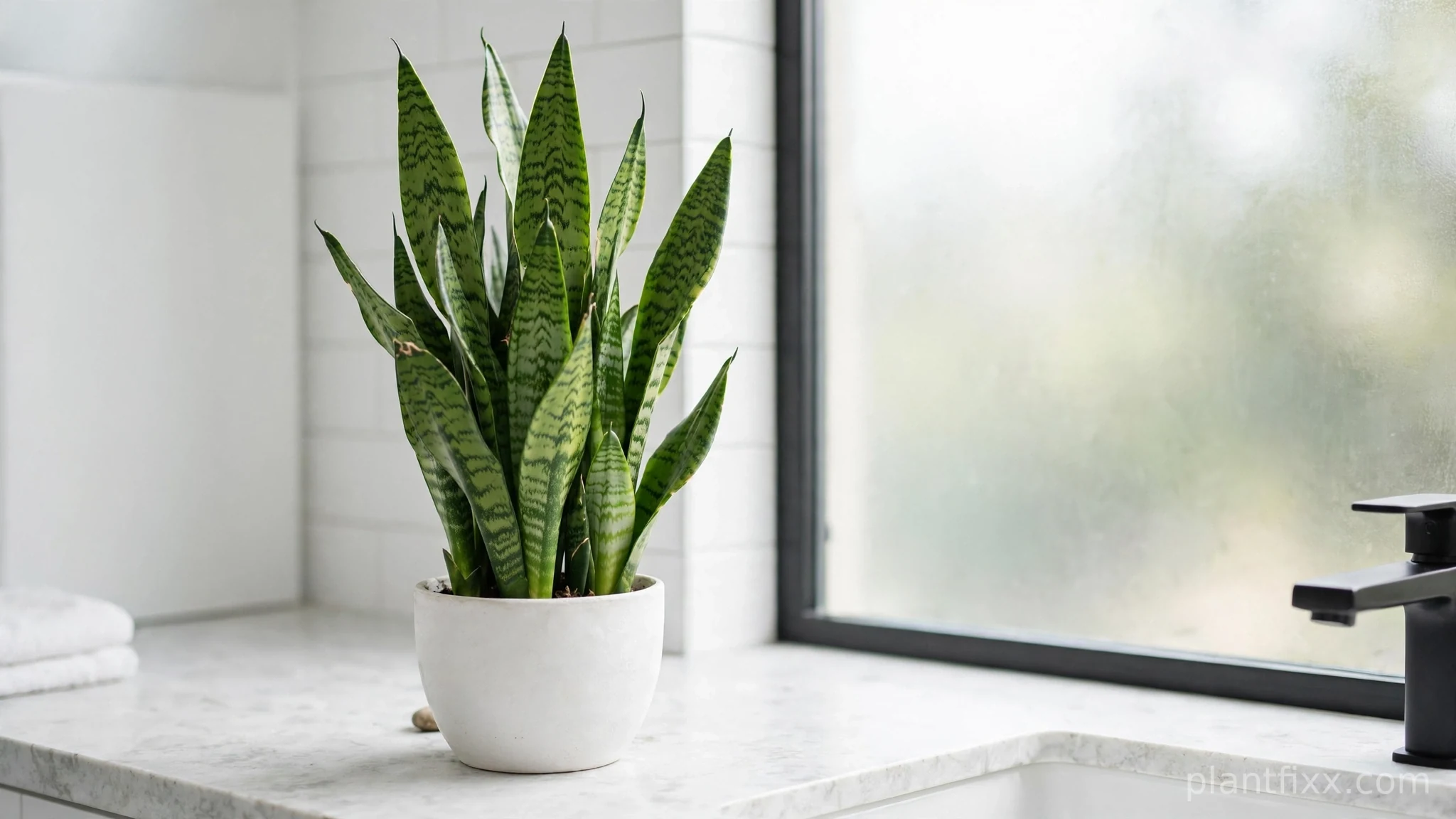 Healthy snake plant in a white pot on a bright bathroom countertop near a frosted window