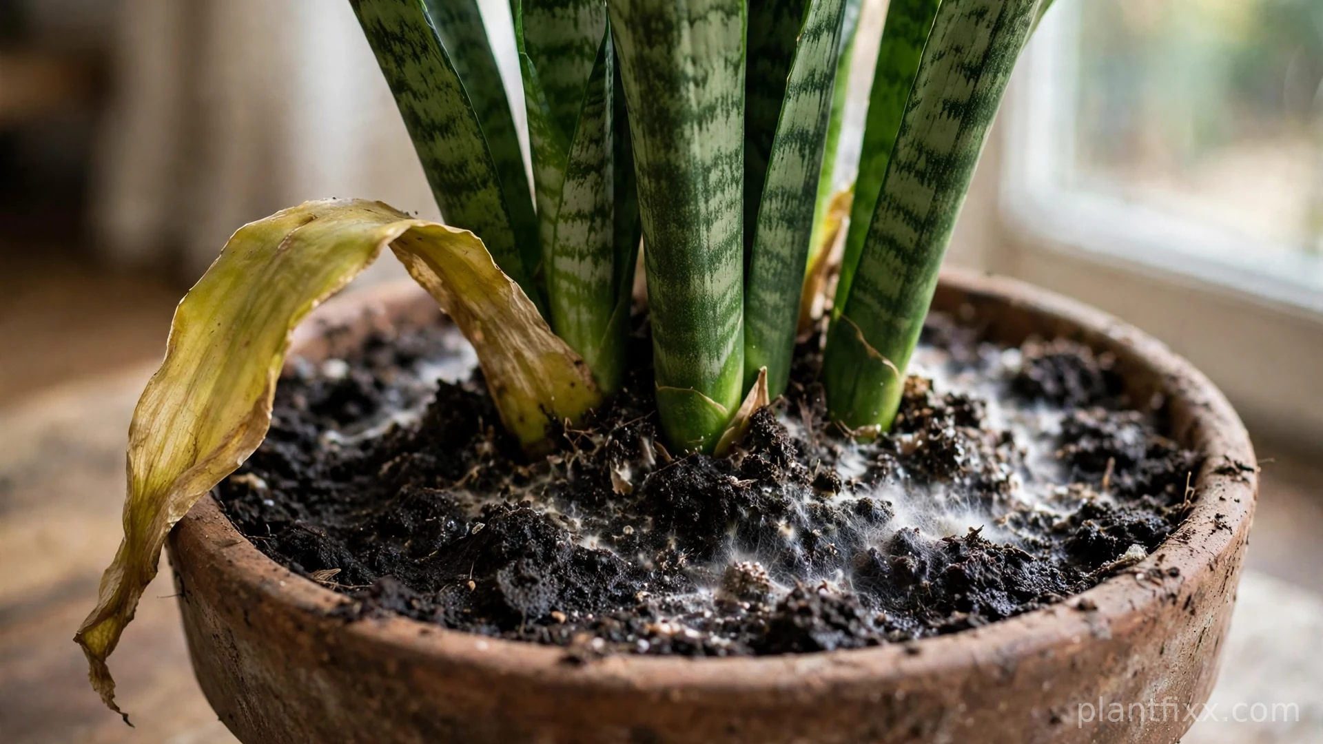 Snake plant with yellowing lower leaf and white mold on damp soil from overly humid conditions