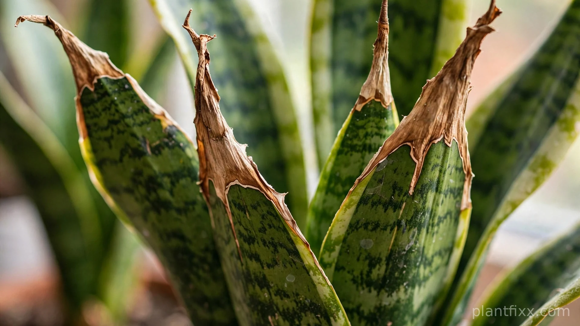 Close-up of snake plant leaves with brown crispy tips from very dry air