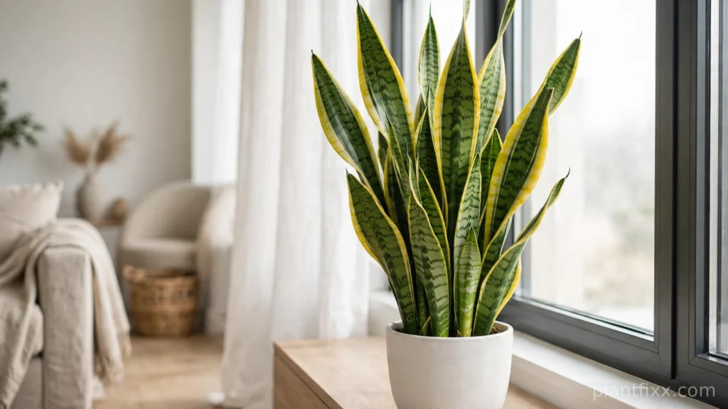 Healthy snake plant with tall upright leaves in a bright living room