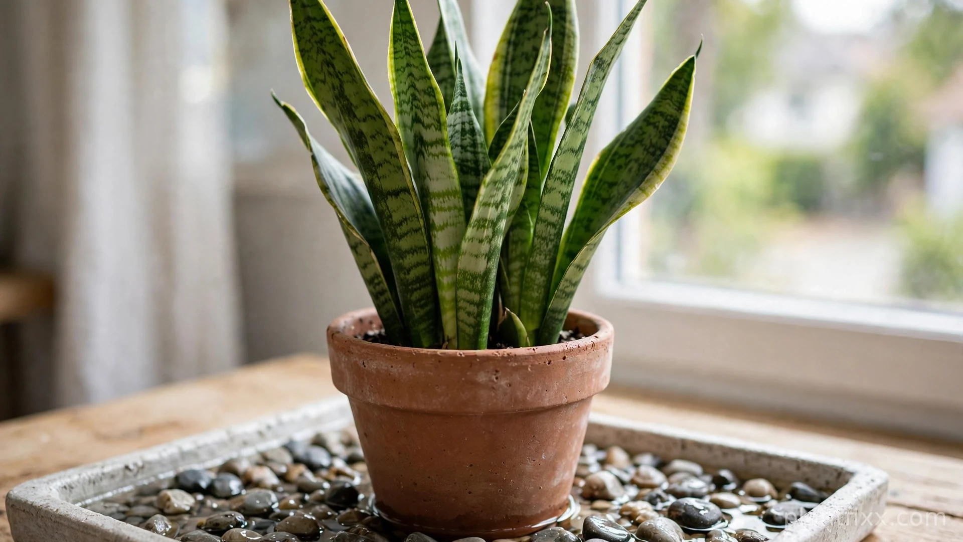 Snake plant in a terracotta pot on a pebble tray to raise humidity safely