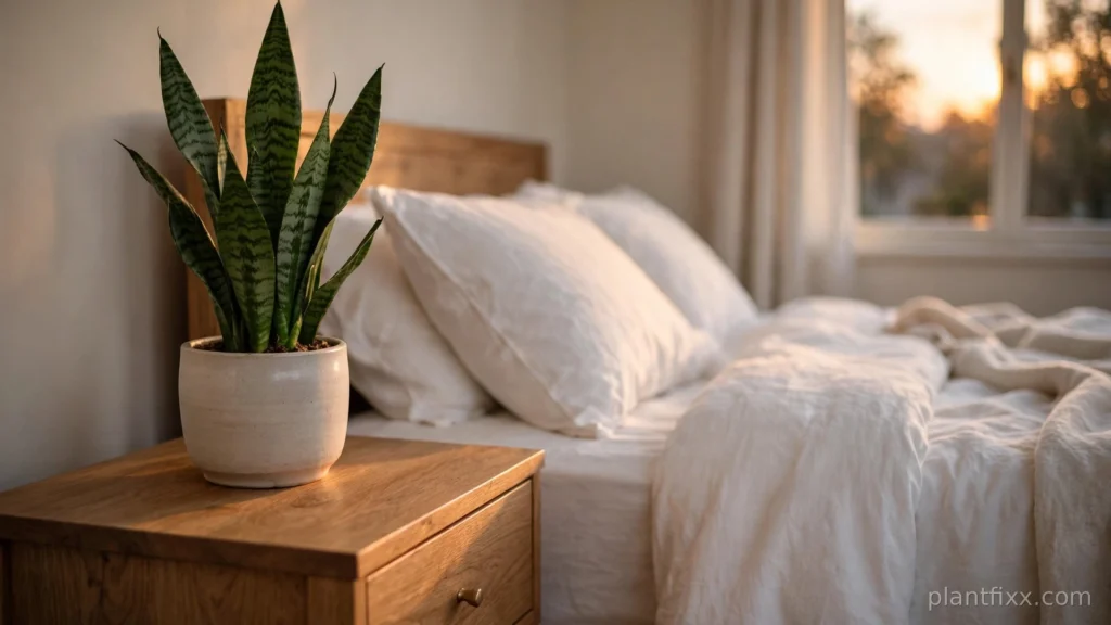 Snake plant on a bedroom nightstand in evening light
