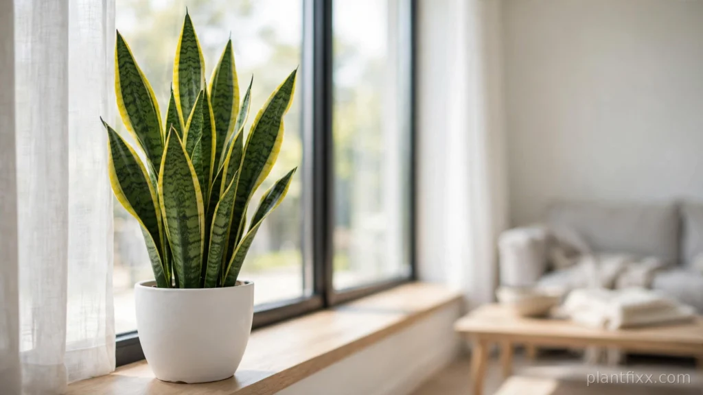 Snake plant with tall upright leaves in a bright living room