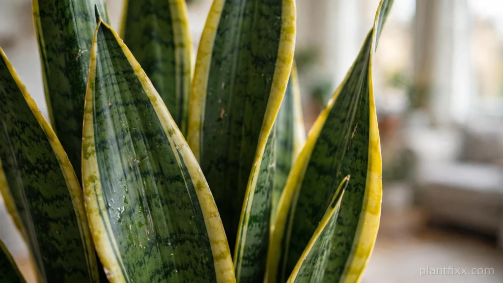 Close-up of snake plant leaves showing thick upright leaves