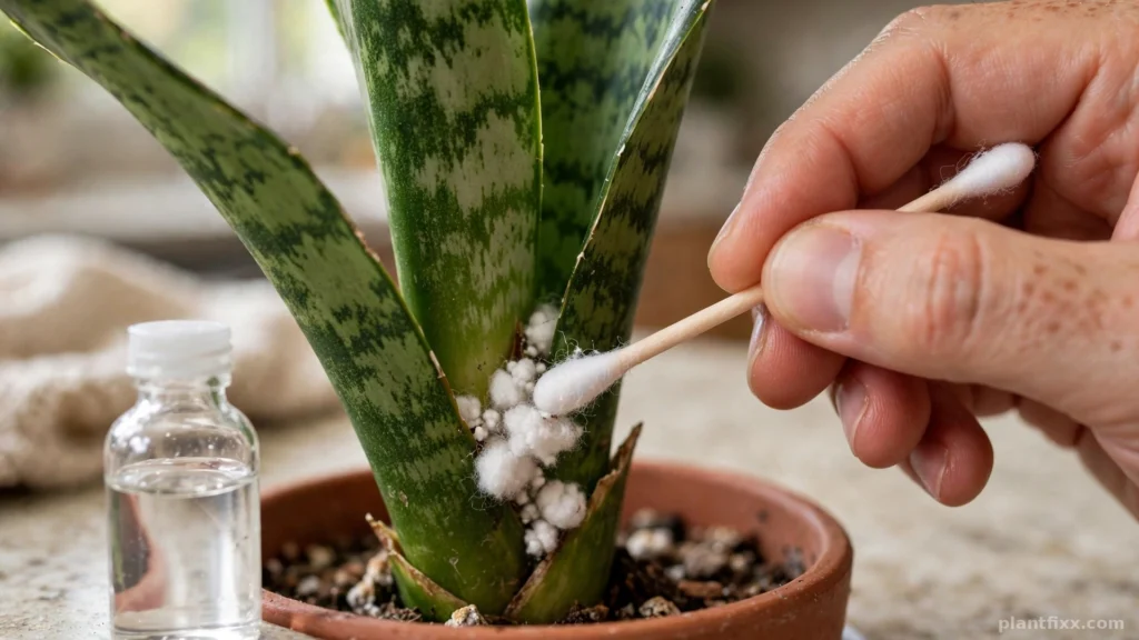 Cotton swab dabbing mealybugs at the base of a snake plant leaf