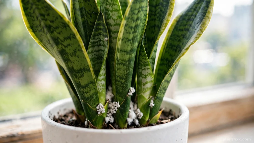 Snake plant with white cottony mealybug clusters at the leaf bases in a white pot