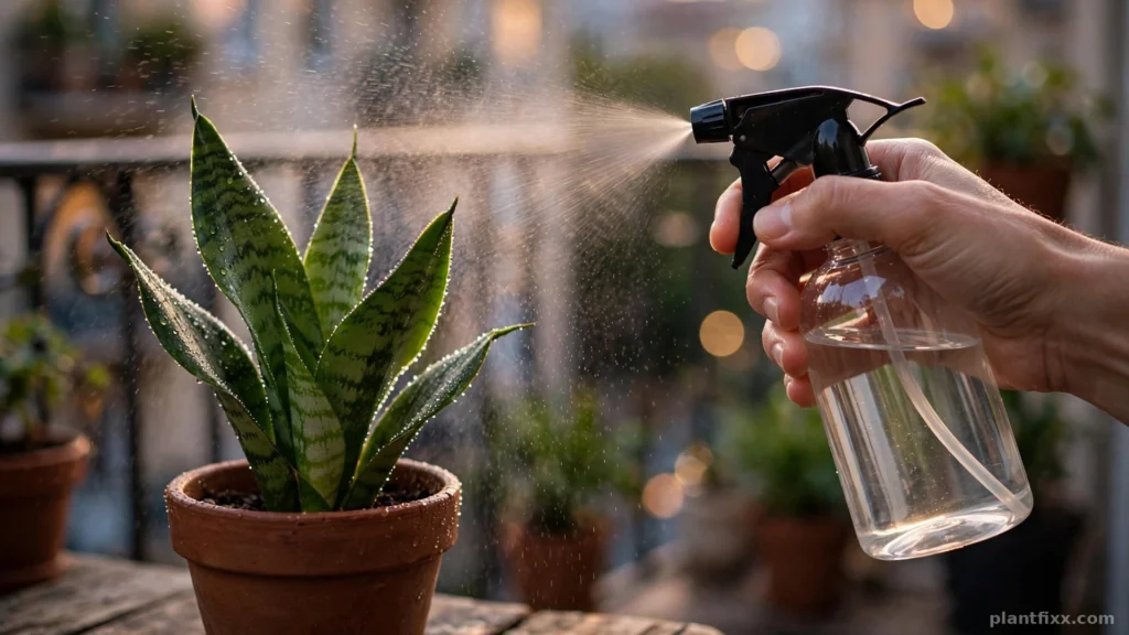 Spray bottle misting a snake plant with neem oil on a balcony table