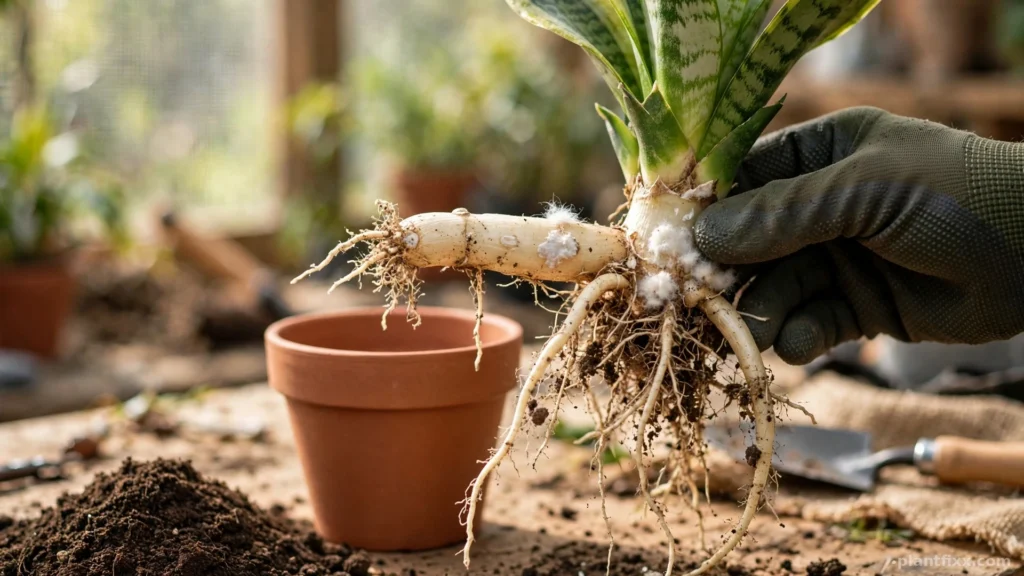 Snake plant rhizome and roots exposed for mealybug inspection