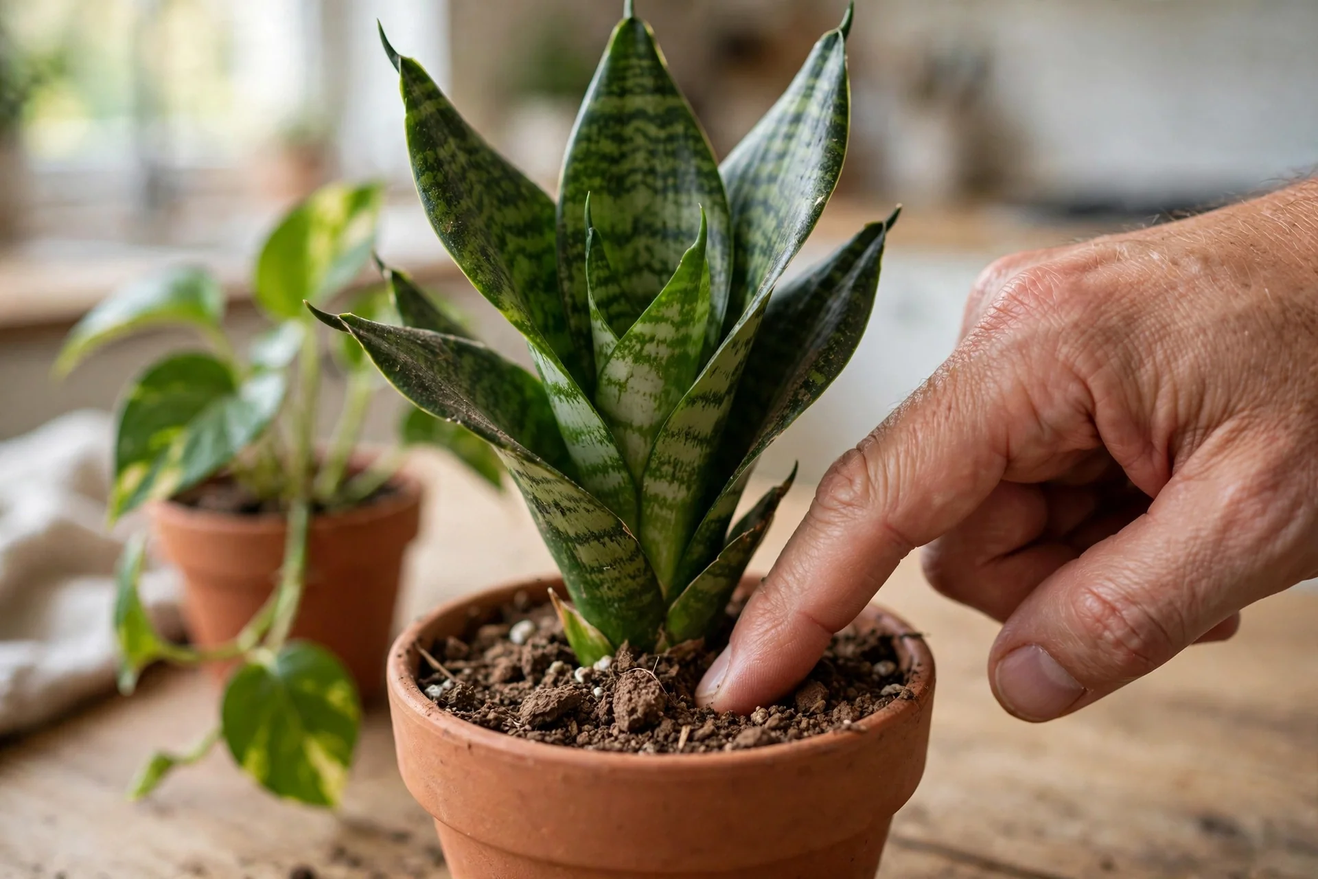 Finger testing dry soil in a snake plant pot with a small pothos plant beside it