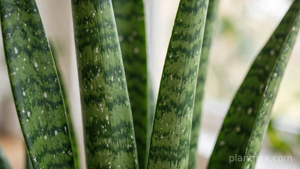 Snake plant leaves with small white spots on green leaves
