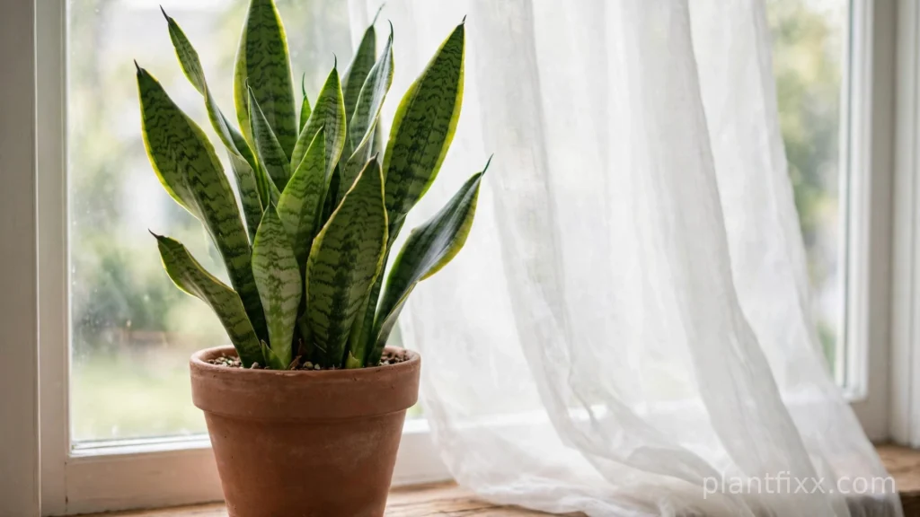 Healthy snake plant in bright indirect light near a window with sheer curtain