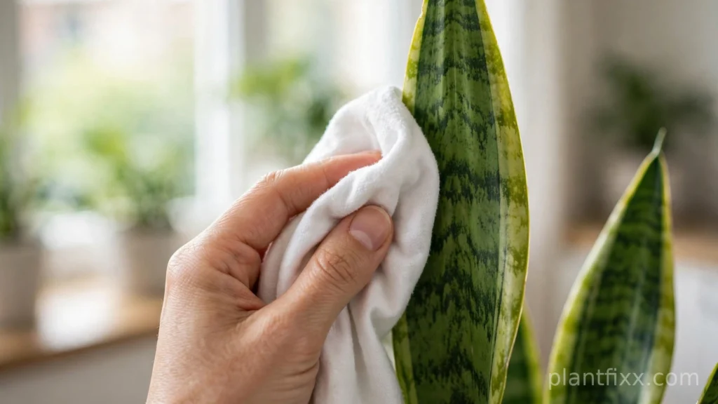 Wiping white spots off a snake plant leaf with a soft cloth